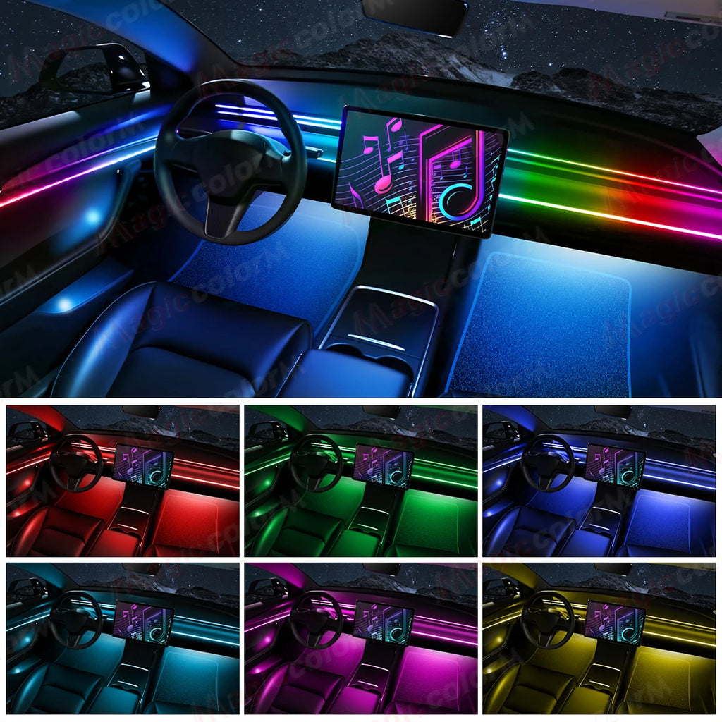 Luces Led ambientales para coche 18 en 1, 213, 64 colores, RGB, sinfónico, Bluetooth, arcoíris, tiras acrílicas interiores, Kit de lámpara de ambiente