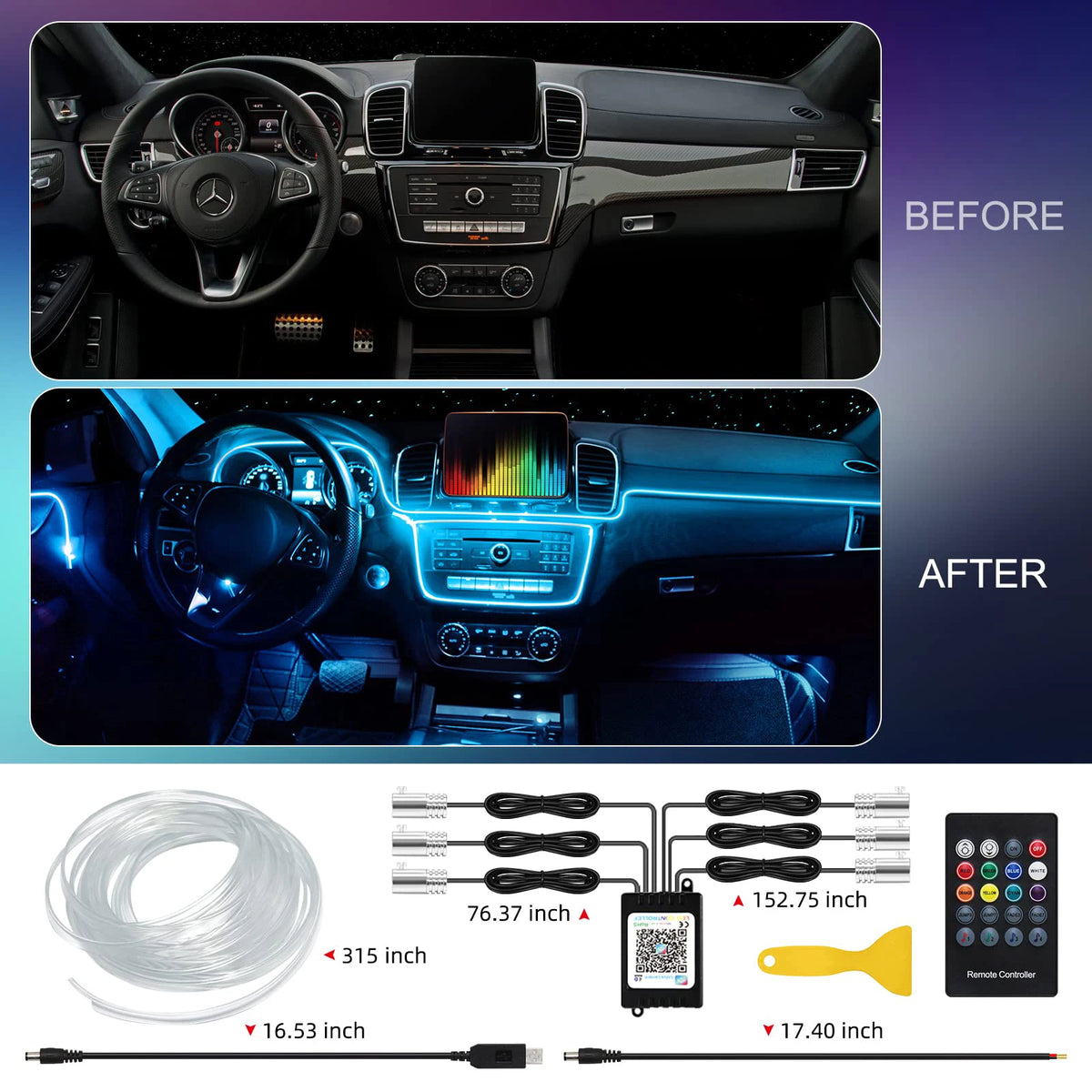 Tira de luces LED para Interior de coche, Kit de iluminación de neón de fibra óptica RGB con Control remoto por aplicación, lámparas decorativas automáticas