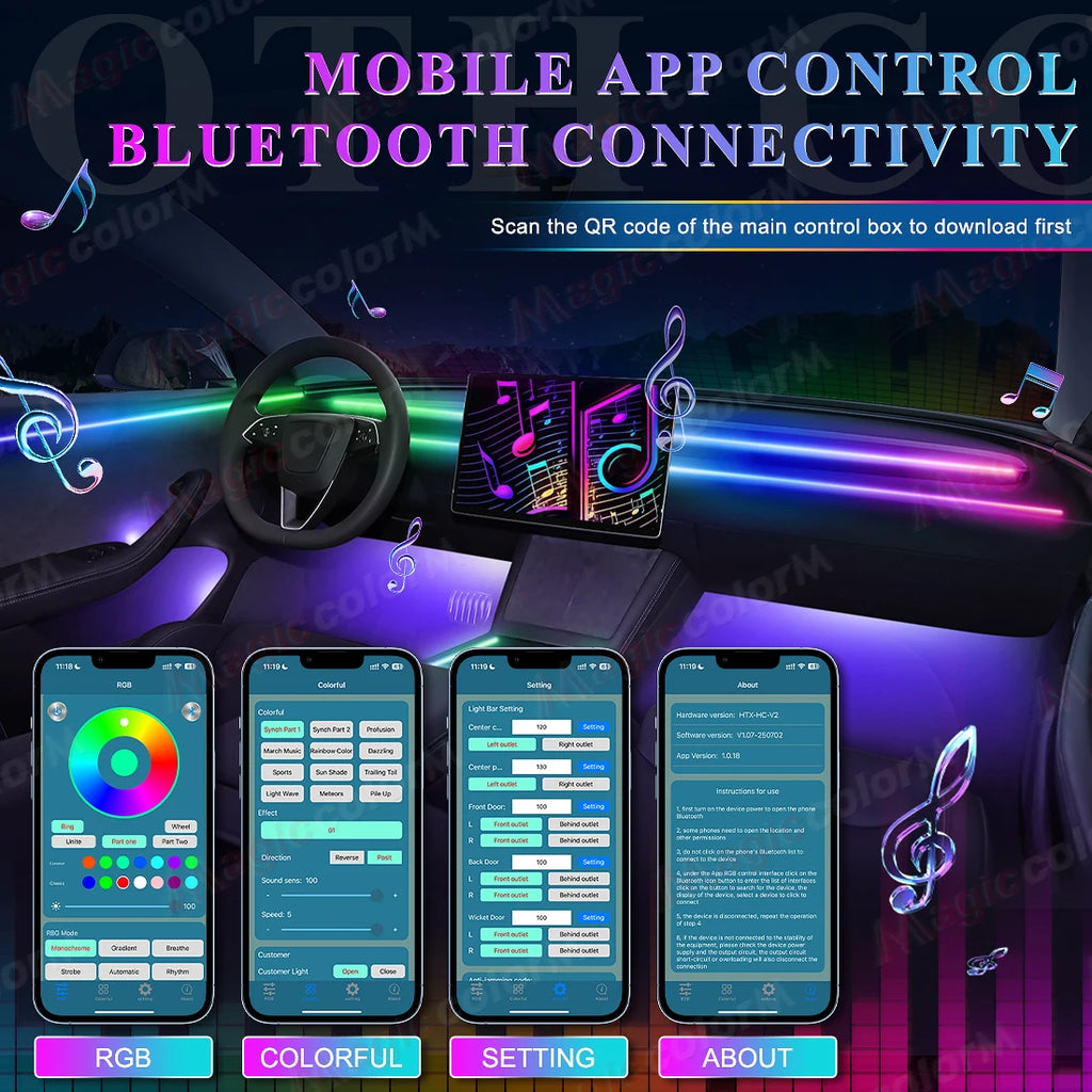 Luces Led ambientales para coche 18 en 1, 213, 64 colores, RGB, sinfónico, Bluetooth, arcoíris, tiras acrílicas interiores, Kit de lámpara de ambiente