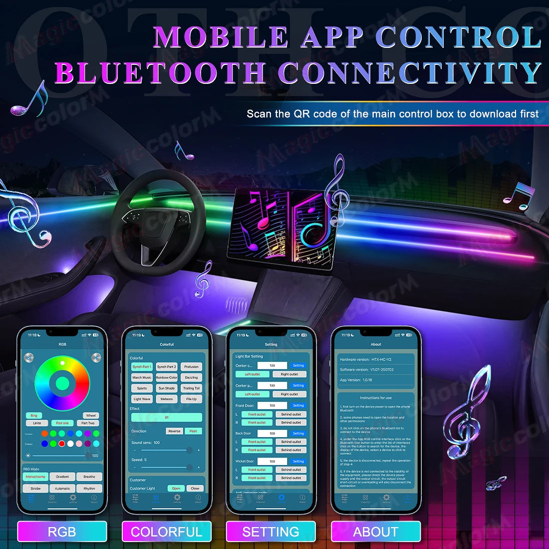 Luces Led ambientales para coche 18 en 1, 213, 64 colores, RGB, sinfónico, Bluetooth, arcoíris, tiras acrílicas interiores, Kit de lámpara de ambiente