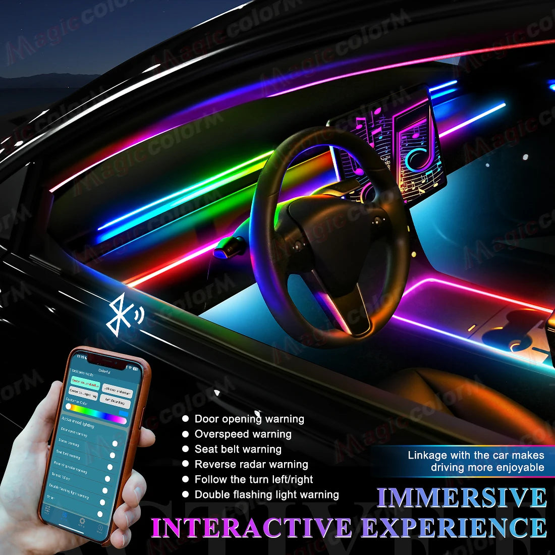 Luces Led ambientales para coche 18 en 1, 213, 64 colores, RGB, sinfónico, Bluetooth, arcoíris, tiras acrílicas interiores, Kit de lámpara de ambiente