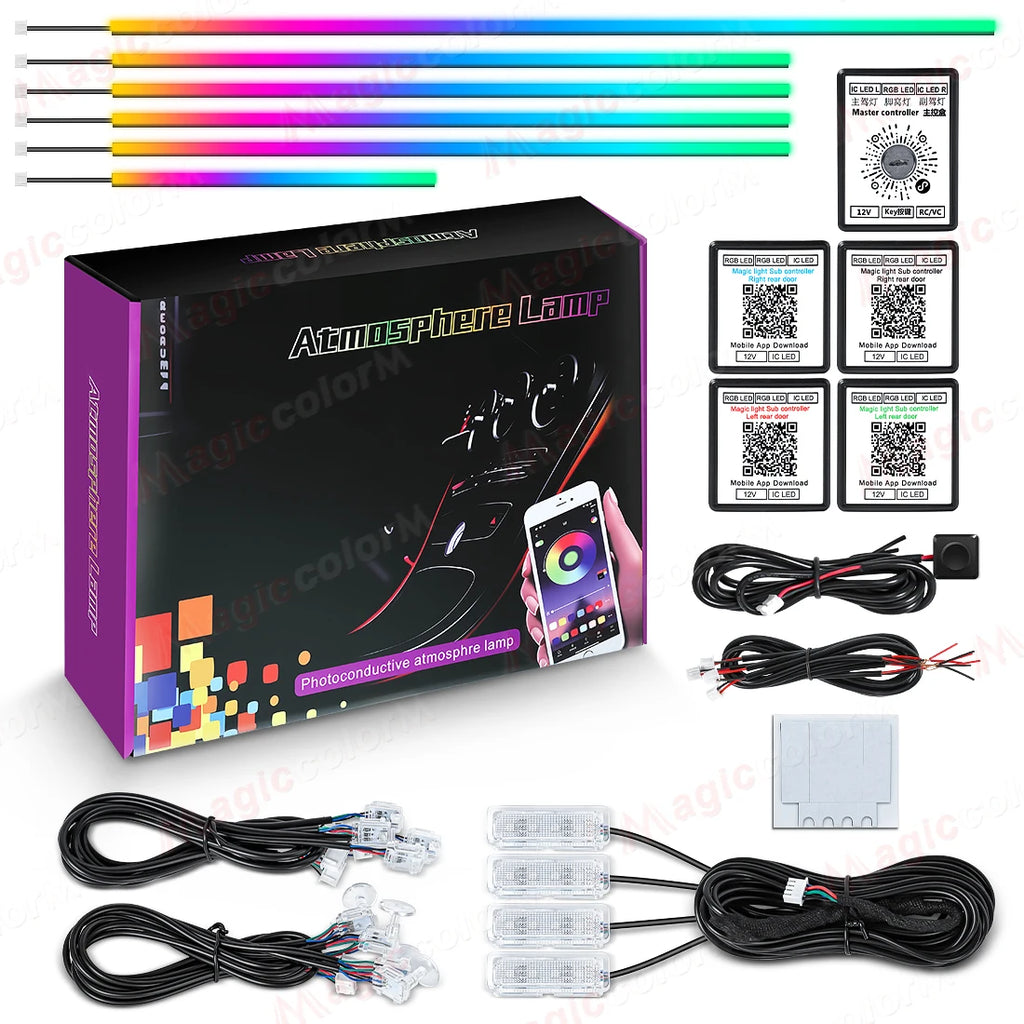 Luces Led ambientales para coche 18 en 1, 213, 64 colores, RGB, sinfónico, Bluetooth, arcoíris, tiras acrílicas interiores, Kit de lámpara de ambiente