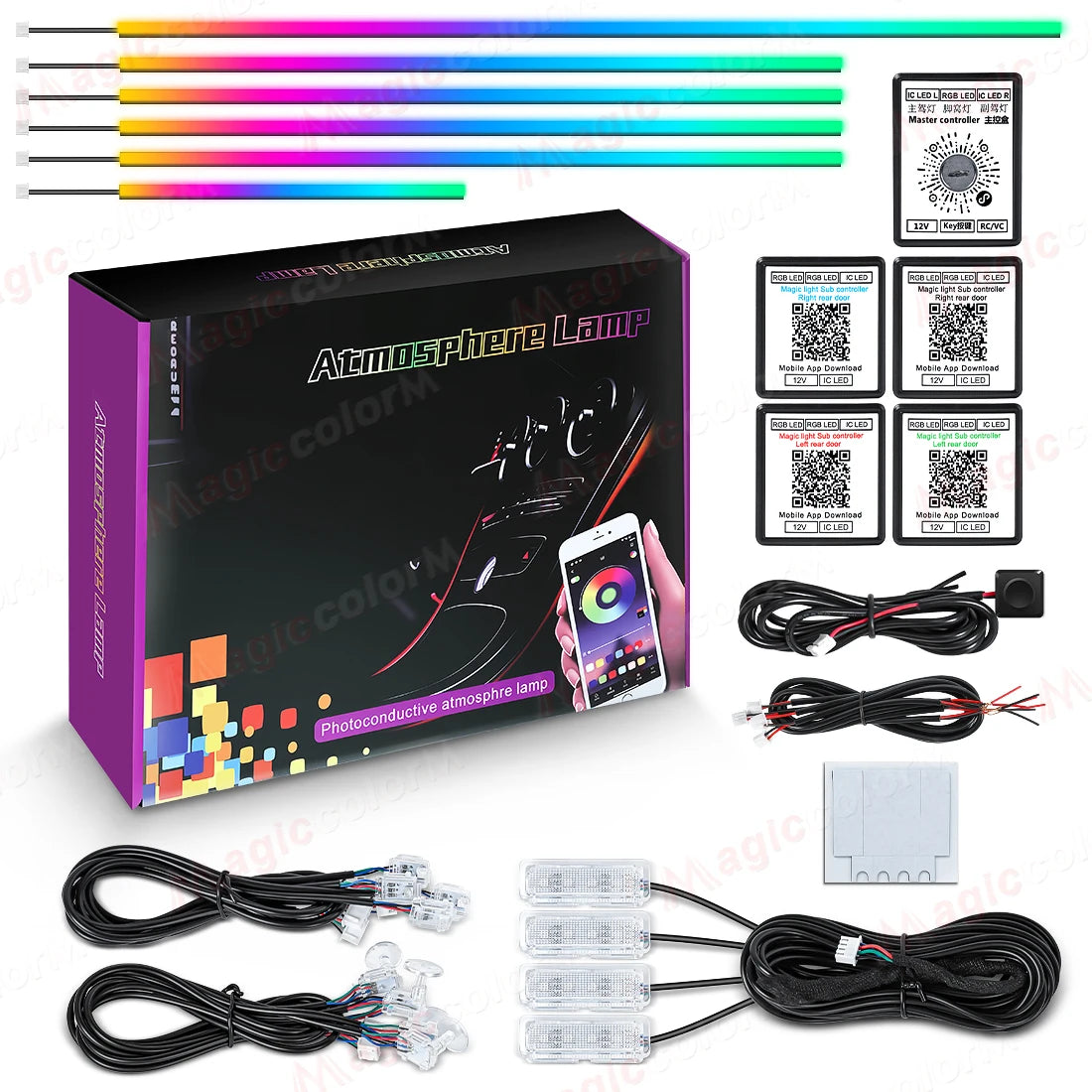 Luces Led ambientales para coche 18 en 1, 213, 64 colores, RGB, sinfónico, Bluetooth, arcoíris, tiras acrílicas interiores, Kit de lámpara de ambiente