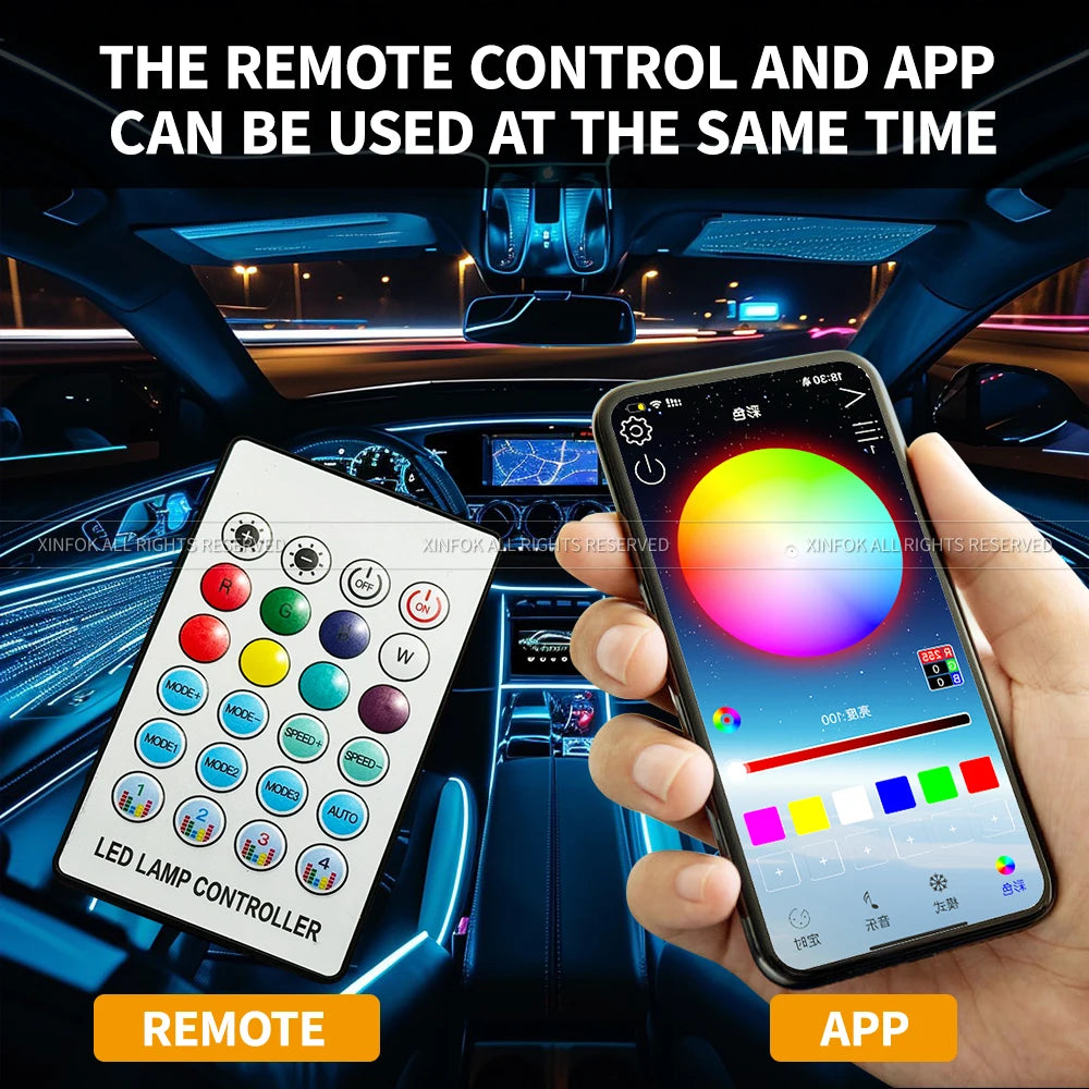 Luces Ambientales para Auto, LED RGB, Iluminación Interior, Control por Aplicación, Tiras Acrílicas de 110 cm, Decoración para el Tablero y el Techo Solar