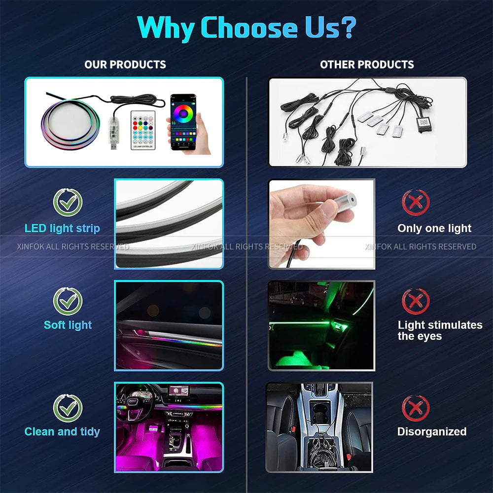 Luces Ambientales para Auto, LED RGB, Iluminación Interior, Control por Aplicación, Tiras Acrílicas de 110 cm, Decoración para el Tablero y el Techo Solar