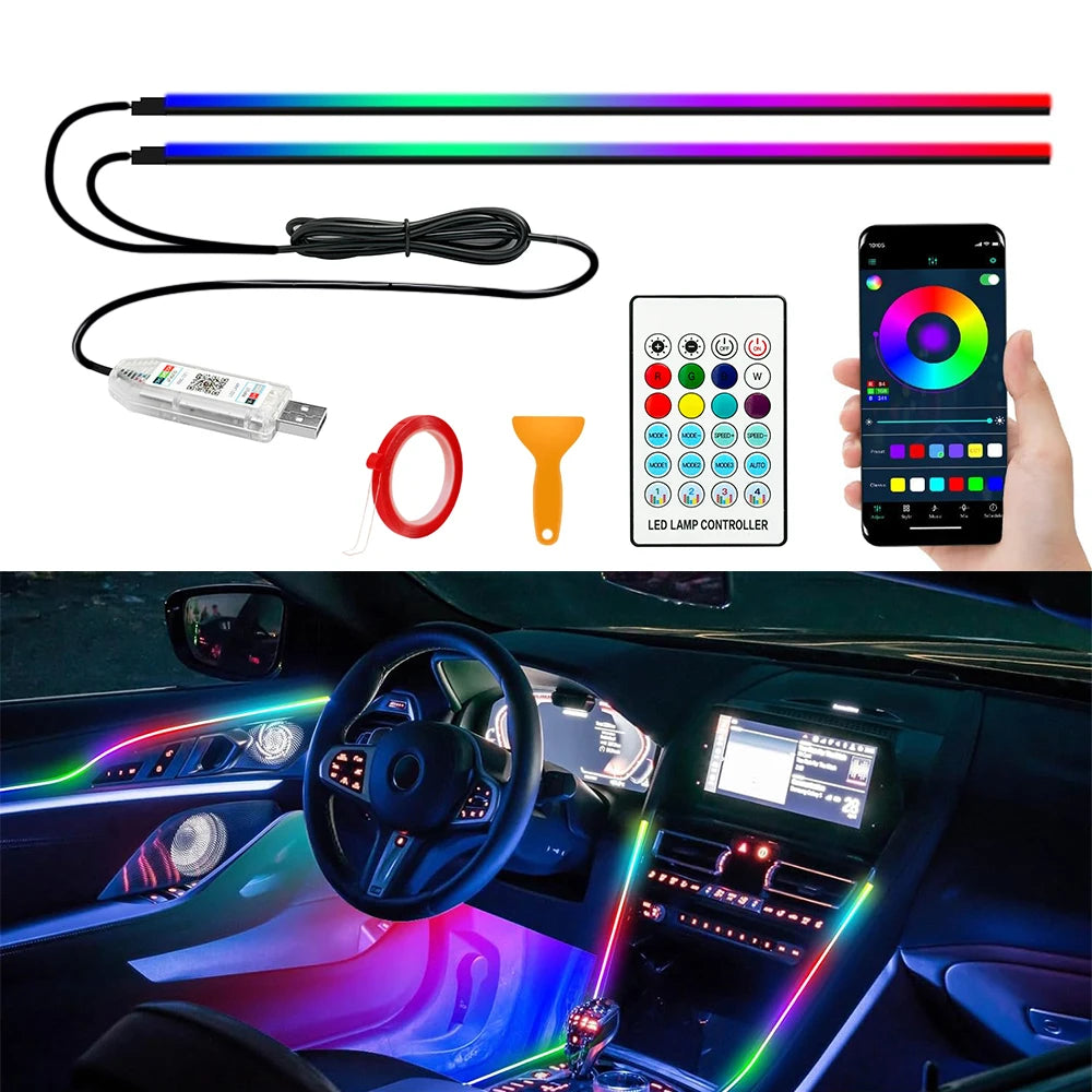 Luces Ambientales para Auto, LED RGB, Iluminación Interior, Control por Aplicación, Tiras Acrílicas de 110 cm, Decoración para el Tablero y el Techo Solar