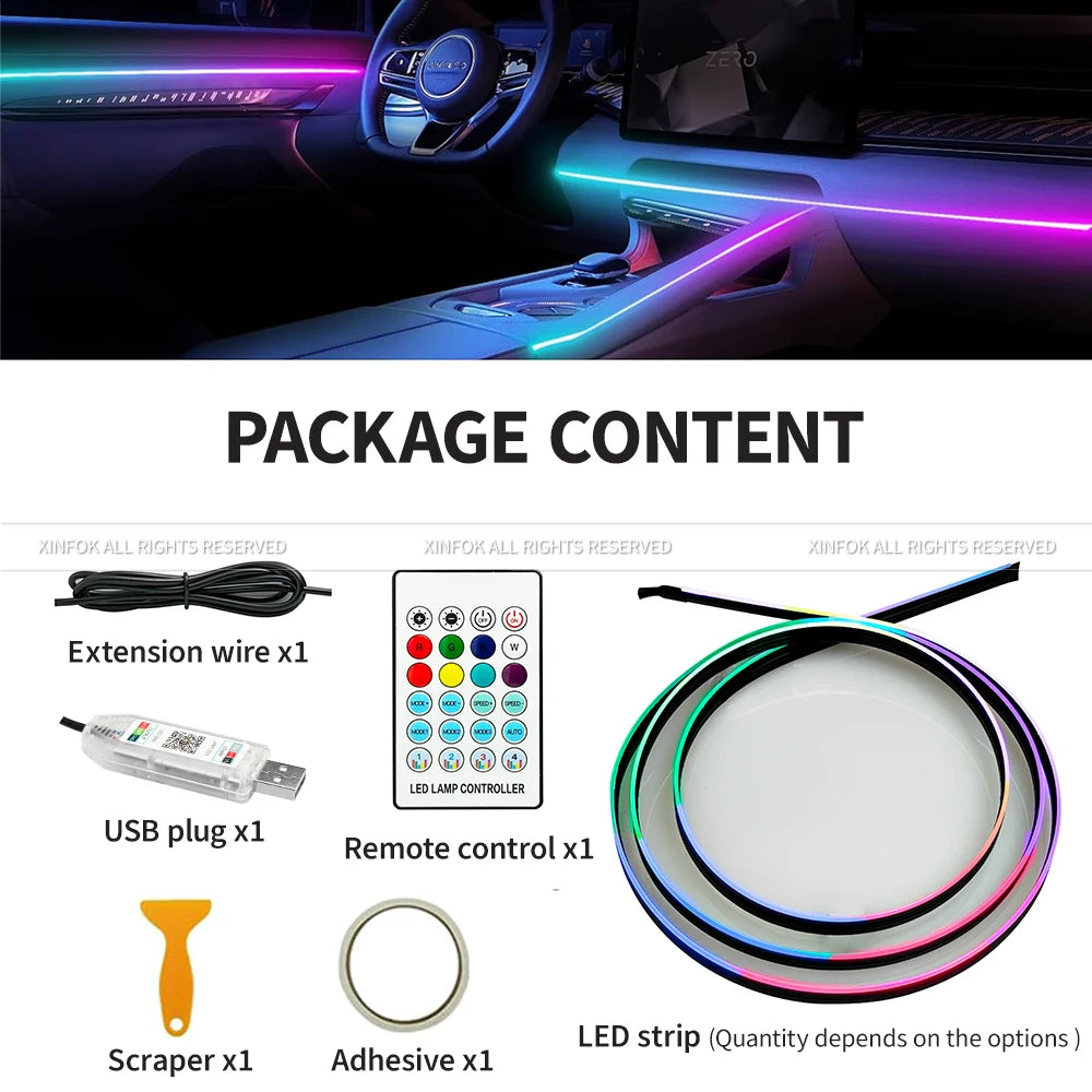 Luces Ambientales para Auto, LED RGB, Iluminación Interior, Control por Aplicación, Tiras Acrílicas de 110 cm, Decoración para el Tablero y el Techo Solar