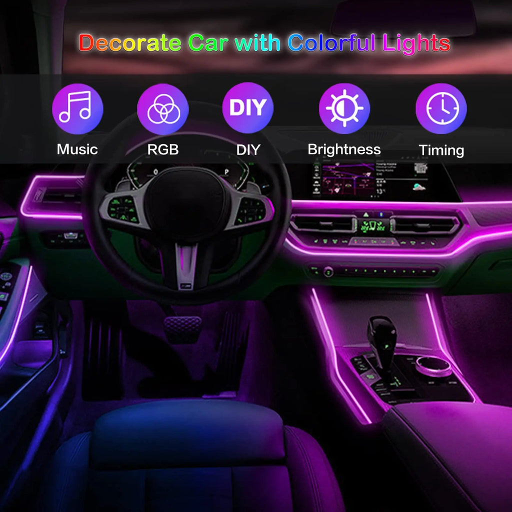 Tira de luces LED para Interior de coche, Kit de iluminación de neón de fibra óptica RGB con Control remoto por aplicación, lámparas decorativas automáticas