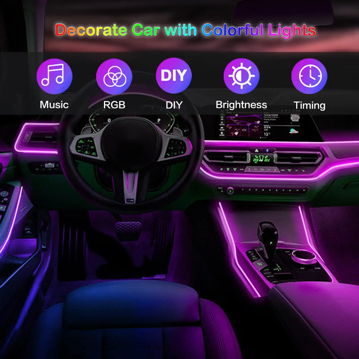 Tira de luces LED para Interior de coche, Kit de iluminación de neón de fibra óptica RGB con Control remoto por aplicación, lámparas decorativas automáticas