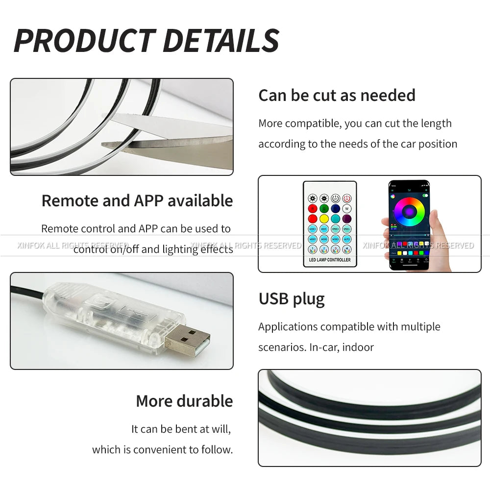 Luces Ambientales para Auto, LED RGB, Iluminación Interior, Control por Aplicación, Tiras Acrílicas de 110 cm, Decoración para el Tablero y el Techo Solar