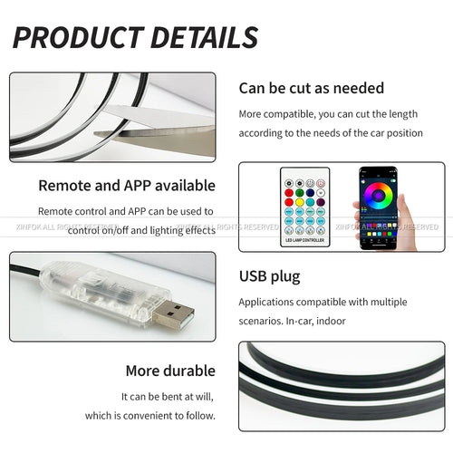 Luces Ambientales para Auto, LED RGB, Iluminación Interior, Control por Aplicación, Tiras Acrílicas de 110 cm, Decoración para el Tablero y el Techo Solar