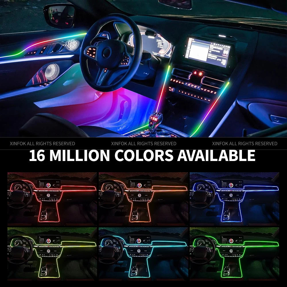 Luces Ambientales para Auto, LED RGB, Iluminación Interior, Control por Aplicación, Tiras Acrílicas de 110 cm, Decoración para el Tablero y el Techo Solar