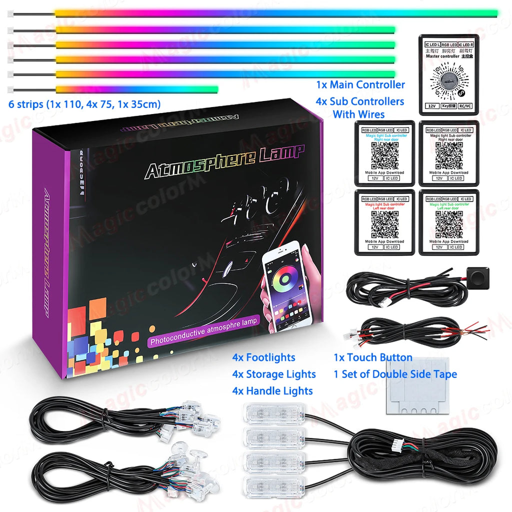 Luces Led ambientales para coche 18 en 1, 213, 64 colores, RGB, sinfónico, Bluetooth, arcoíris, tiras acrílicas interiores, Kit de lámpara de ambiente