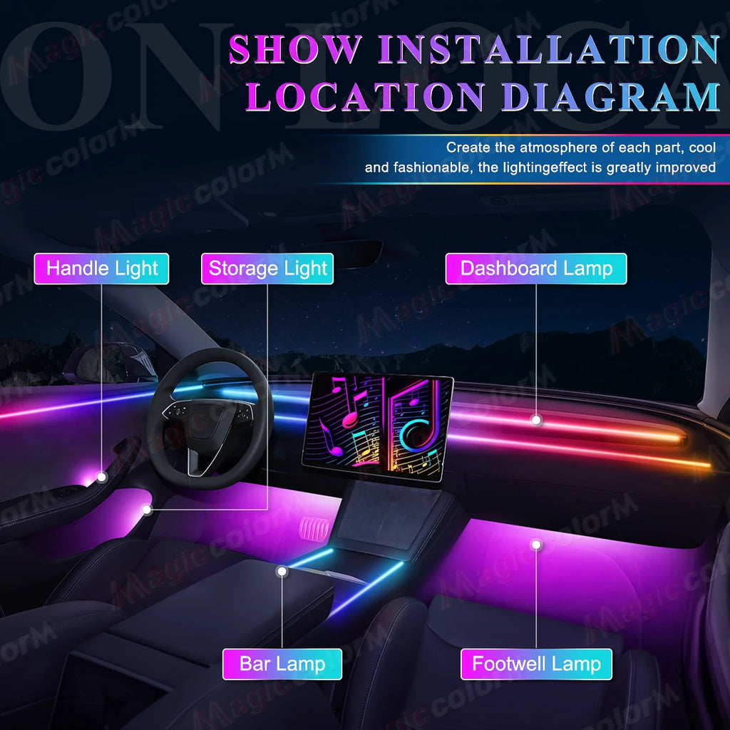 Luces Led ambientales para coche 18 en 1, 213, 64 colores, RGB, sinfónico, Bluetooth, arcoíris, tiras acrílicas interiores, Kit de lámpara de ambiente